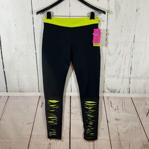Zumba Slash O Rama Long Leggings Women M Black Neon Green Ripped Logo Gym Dance